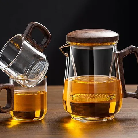 Théière en Verre avec Poignée Latérale en Noyer Infuseur à Thé Résistant à la Chaleur Ensemble de Thé Kung Fu avec Couvercle en Bois