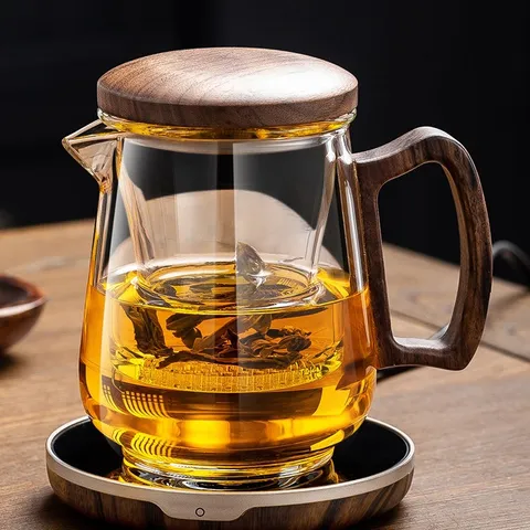 Théière en Verre avec Poignée Latérale en Noyer Infuseur à Thé Résistant à la Chaleur Ensemble de Thé Kung Fu avec Couvercle en Bois