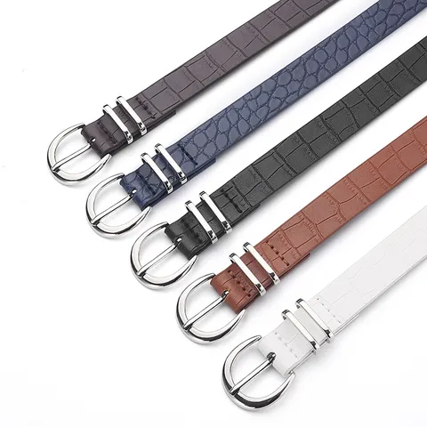 Women Fashion PU Leather Crocodile Pattern Belt Elegant Minimalist Alloy Metal Pin Buckle Casual Waist Belt