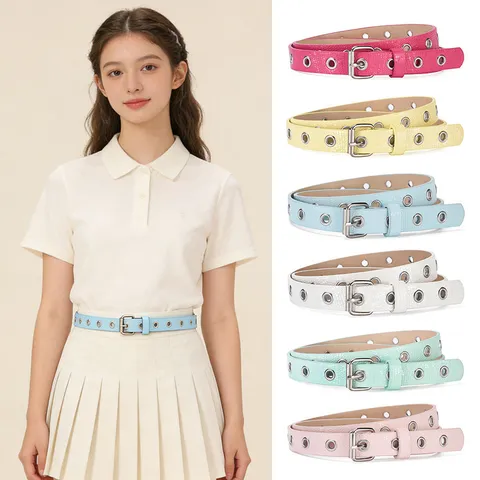 Women Candy Color Thin PU Leather Belt Fashion Casual Dress Jeans Waist Belt Metal Grommet Pin Buckle
