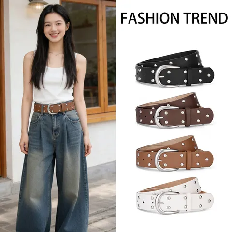 Women Wide PU Leather Belt Punk Rivet Double Grommet Casual Fashion Jeans Waist Belt Decorative Waistband Accessories