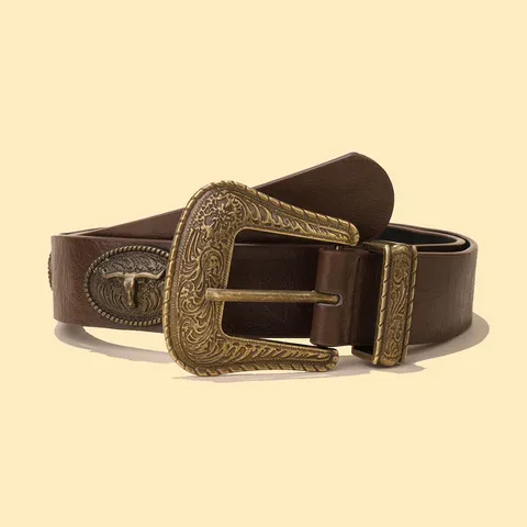 Women Vintage Retro PU Leather Belt With Alloy Bull Head Buckle Casual Jeans Pants Waistband Fashion Accessories