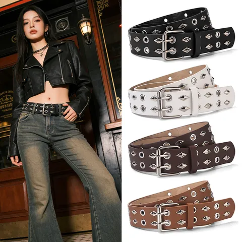 Women's Punk Wide Belt PU Leather Double Row Eyelet Rivet Belt Fashion Casual Jeans Decorative Waist Belt