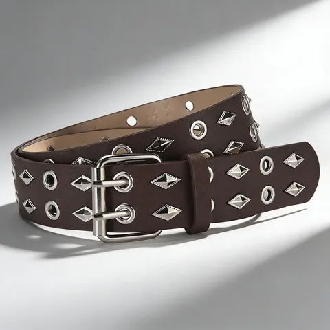 Women's Punk Wide Belt PU Leather Double Row Eyelet Rivet Belt Fashion Casual Jeans Decorative Waist Belt