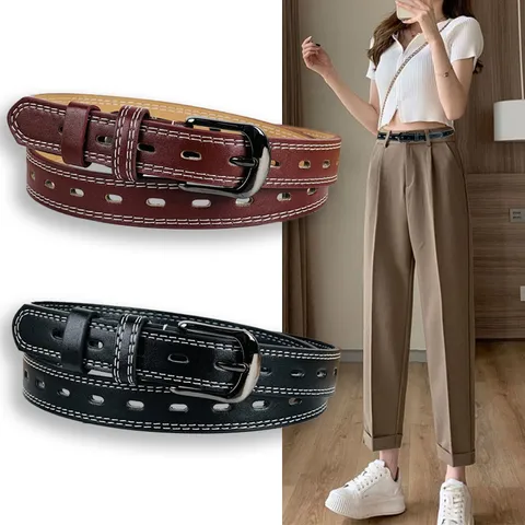 Damen Casual PU-Leder Gürtel Minimalistisch Vintage Ausgestanzt Dornschließe Dekorative Taillengürtel Für Jeans Kleider