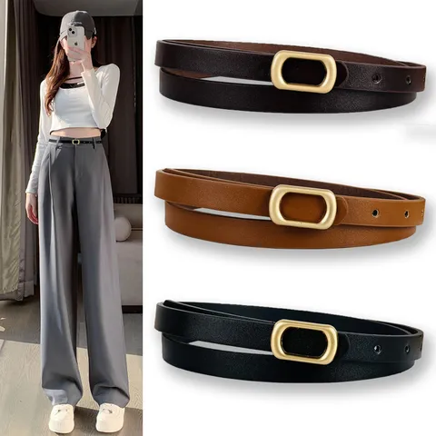 Damen Retro Minimalistisch PU Leder Gürtel Casual Glatte Metall Schnalle Schlanke Taille Mode Kleid Jeans Zubehör