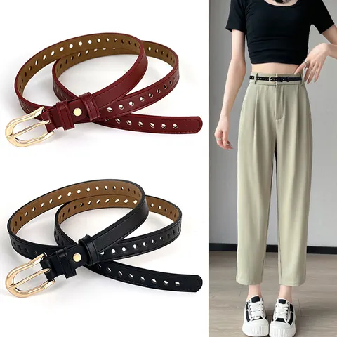 Damen Casual Minimalistisch PU Leder Schmaler Gürtel Goldfarbene Dornschließe Durchbrochenes Design Vielseitiger Mode Taillengürtel