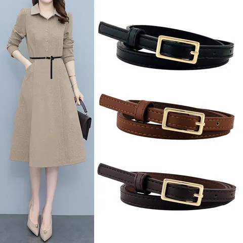 Damen Minimalistischer PU Leder Gürtel Lässiger Vielseitiger Dünner Kleid Gürtel Mit Elegantem Gold Legierung Dornschnalle