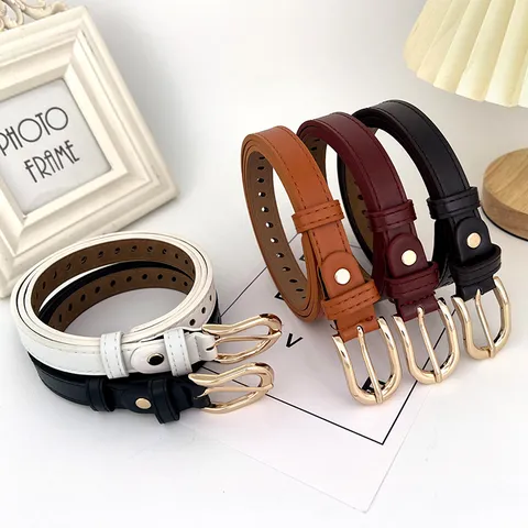 Damen Casual Minimalistisch PU Leder Schmaler Gürtel Goldfarbene Dornschließe Durchbrochenes Design Vielseitiger Mode Taillengürtel