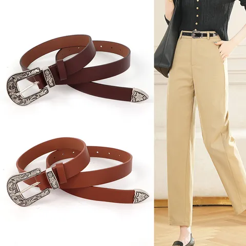 Damen Vintage PU Leder Gürtel Lässiger Minimalistischer Floral Geprägter Metall Dornschnalle Kleid Hose Taillengürtel