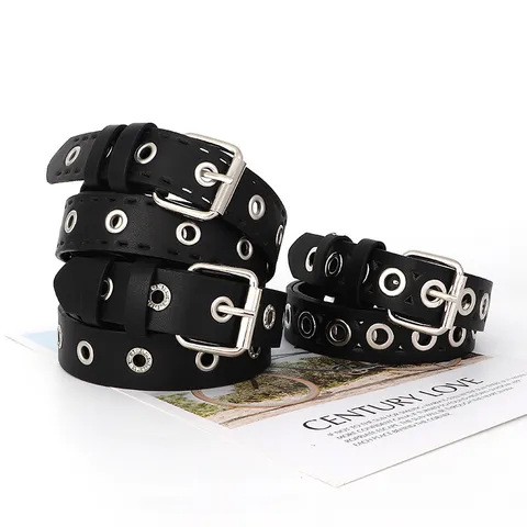 Damen Punk Stil PU Leder Belt Metallösen Ausgestanzt Lässiger Taillengürtel Schwarzer Mode Jeansgürtel