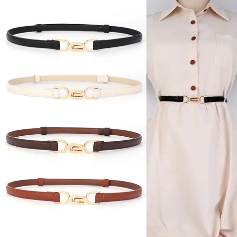 Women Fashion Minimalist PU Leather Belt Casual Versatile Dress Waist Skinny Thin Waistband Metal Buckle