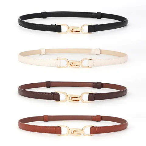 Women Fashion Minimalist PU Leather Belt Casual Versatile Dress Waist Skinny Thin Waistband Metal Buckle