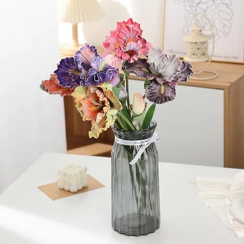 Fleur d'Iris Artificielle en PU Rétro Européen Simulation à Deux Têtes Fausse Fleur Pour Décoration de Maison Mariage Hôtel