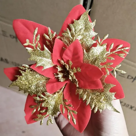 Têtes de Fleurs de Poinsettia Artificielles de Noël Double Couche Paillettes Poudre d'Or Fête de Vacances Décoration d'Arbre de Maison