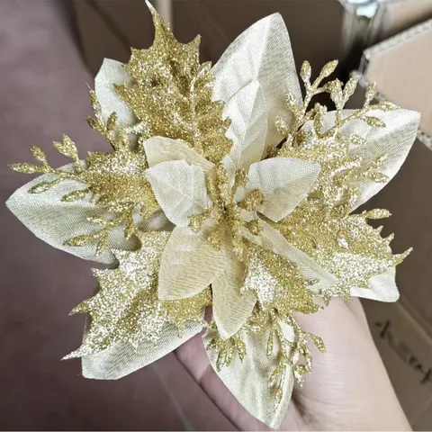 Têtes de Fleurs de Poinsettia Artificielles de Noël Double Couche Paillettes Poudre d'Or Fête de Vacances Décoration d'Arbre de Maison