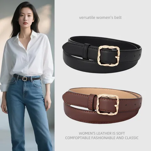 Damen PU-Leder Gürtel Minimalist Retro Lässiger Hosenriemen Mit Gedrehter Quadratischer Legierung Schnalle Mode Taillengürtel Für Jeans