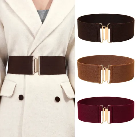 Women's Fashion Wide Waist Belt PU Leather Elastic Waistband With Alloy Interlocking Buckle Dress Decorative Corset Belt