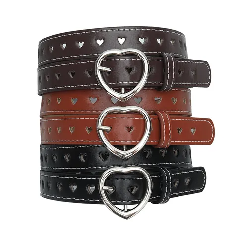 Kids And Women PU Leather Belt Minimalist Cute Heart Hollow Cutout Design Silver Alloy Buckle Adjustable Waist Strap