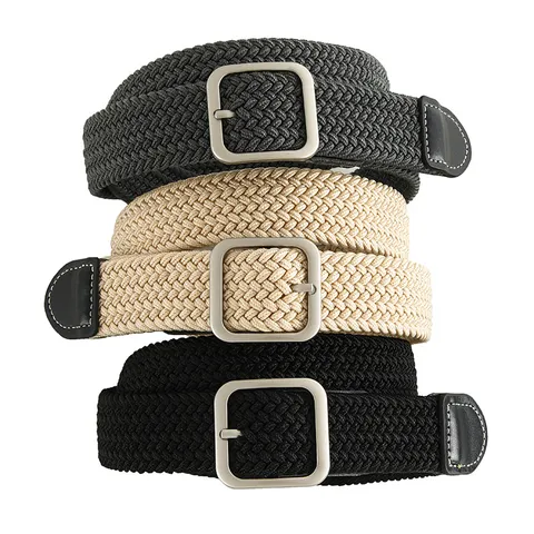 Unisex Casual Elastic Woven Belt Women Men Vintage Stretch Braided Waistband With Alloy Square Buckle Fashion Pants Accessories