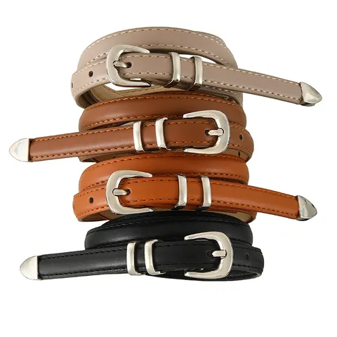 Women S PU Leather Thin Belt Minimalist Metal Pin Buckle Fashion Adjustable Waist Accessory For Dress Pants