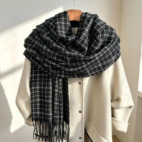 Sciarpa Classica in Imitazione Cashmere a Quadri Per Donne Uomini Autunno Inverno Caldo Scialle con Nappe