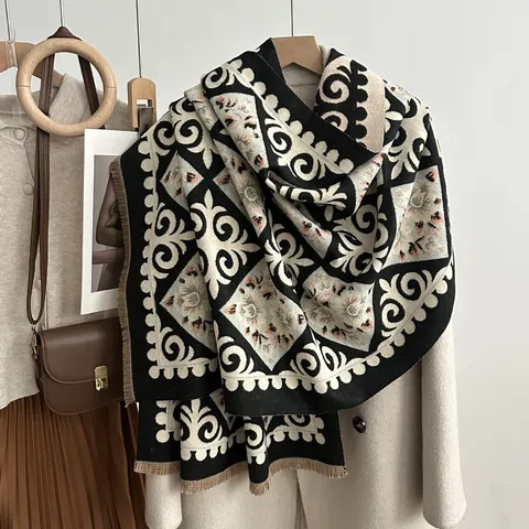 Sciarpa in Finto Cashmere da Donna Scialle Invernale Caldo e Spesso Nappe Motivo Geometrico