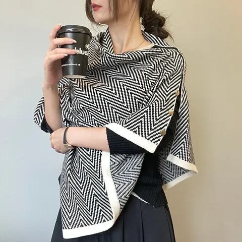 Donna Moda Casual Sciarpa in Maglia Inverno Caldo Oversized Scialle Fibbia Mantello