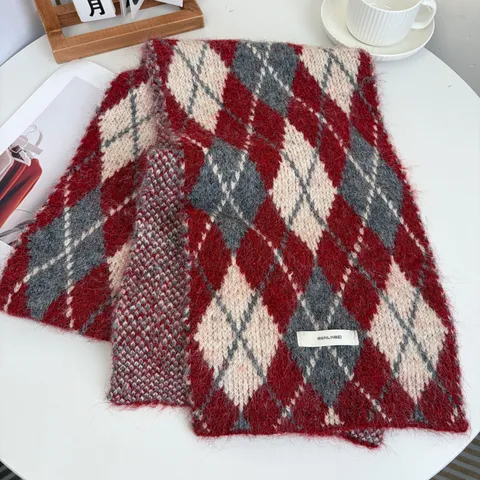 Sciarpa Calda Invernale da Donna in Misto Mohair Argyle Stile Giapponese Retro a Quadri