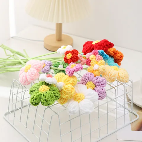 Fleur Bouffante en Laine Tricotée à la Main Tige Artificielle Unique Pour Décoration Bureau Maison