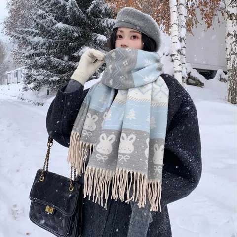 Sciarpa Invernale Calda e Spessa in Cachemire Sintetico da Donna Grazioso Jacquard Coniglio Nappa Sciarpa Lunga Stile Dolce