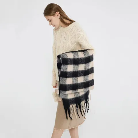 Sciarpa a Quadri in Mohair Ispessita Autunno Inverno da Donna con Nappe Lunghe Scaldacollo Caldo Moda Casual