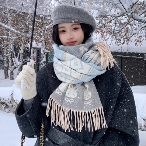 Sciarpa Invernale Calda e Spessa in Cachemire Sintetico da Donna Grazioso Jacquard Coniglio Nappa Sciarpa Lunga Stile Dolce