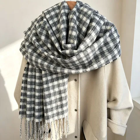 Sciarpa a Quadri Sottili Retro Invernali da Donna Sciarpa con Nappa Calda Spessa Imitazione Cashmere Morbido Scaldacollo Lungo Stola Moda