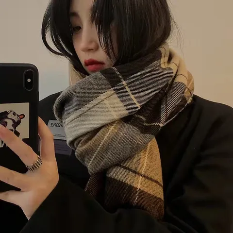 Femme Hiver Chaud Cachemire Imitation Écharpe À Carreaux Classique Tartan Long Frange Châle Polyolent Écharpe De Cou Temps Froid