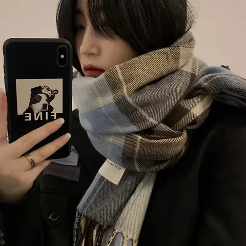 Femme Hiver Chaud Cachemire Imitation Écharpe À Carreaux Classique Tartan Long Frange Châle Polyolent Écharpe De Cou Temps Froid