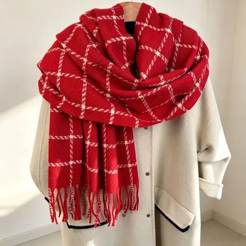 Sciarpa Invernale da Donna in Cashmire Sintetico Calda Moda Quadri Nappe Lungo Scialle Ispessito Casual Quotidiano