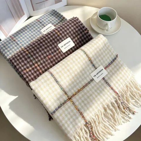 Sciarpa a Quadri Pied-de-poule Classica Per Donne Uomini Inverno Inviluppata Calda Finto Cashmere Scialle Lungo Nappe Morbido Scaldacollo