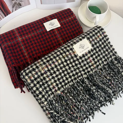 Sciarpa a Quadri Pied-de-poule Classica Per Donne Uomini Inverno Inviluppata Calda Finto Cashmere Scialle Lungo Nappe Morbido Scaldacollo