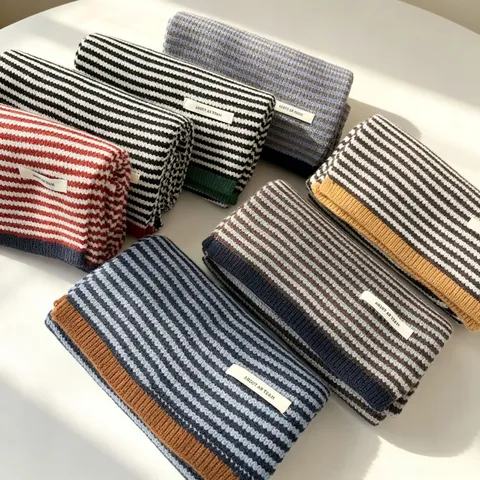 Nuova Sciarpa in Misto Lana Lavorata a Maglia a Righe Blocco di Colore Vintage Unisex Autunno Inverno Caldo Scaldacollo Moda