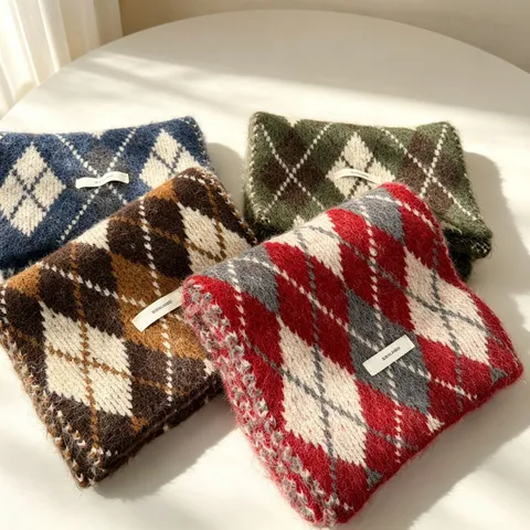Sciarpa Calda Invernale da Donna in Misto Mohair Argyle Stile Giapponese Retro a Quadri