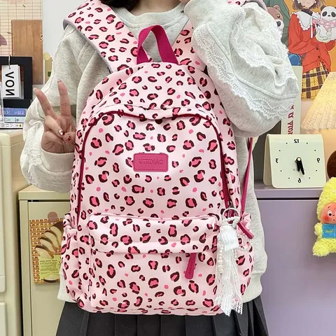 Zaino Stampa Leopardata Vintage Coreano da Donna Grande Capacità Casual Scuola Borsa di Libri Nylon Moda Viaggio