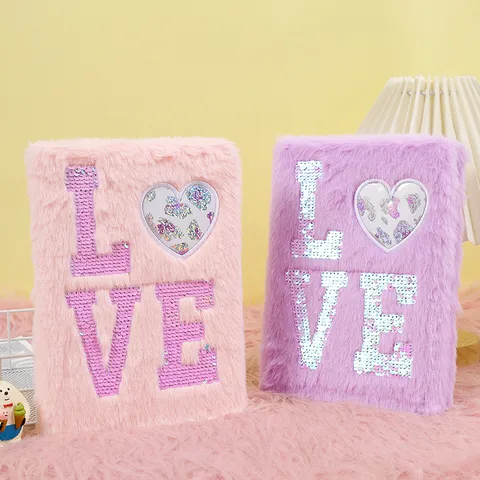 Fluffy Plush Notebook A5 Journal With Sequin Love Heart Design Soft Cover Planner Business Gift