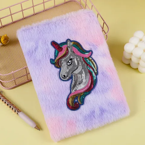 Cute Cartoon Unicorn Plush Notebook A5 Fluffy Diary Book Glitter Sequins Embroidery Writing Journal School Stationery Gift