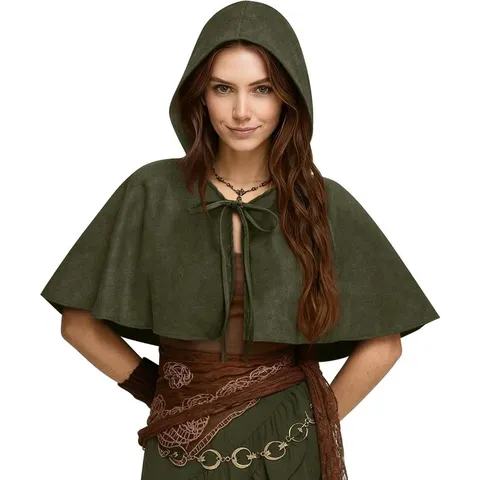 Halloween Bohemian Hooded Short Cape Lace Up Cloak Medieval Cosplay Costume Solid Color Polyester Apparel