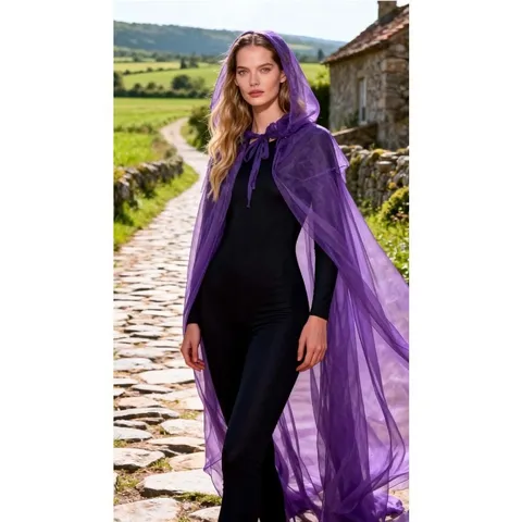 Cap Cape En Filet À Capuche Pour Femmes Châle Long Couleur Unie Costume De Cosplay De Sorcière De Vampire Vêtements De Fête D'Halloween
