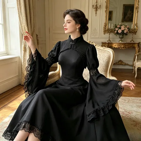 Women Gothic Court Vintage Lace Shawl Hollow Out Long Bell Sleeve Stand Collar Cape Black Transparent Cover Up Top