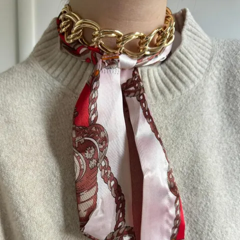 Elegant Aluminum Chunky Chain Silk Scarf Necklace For Women Luxury Vintage Print Choker Scarf Layered Statement Collar Neckwear Jewelry