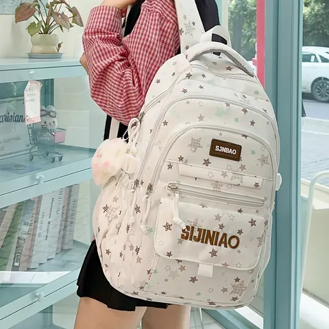 Casual Nylon School Backpack For Teenagers Waterproof Large Capacity Travel Bookbag With Star Print Fashion Student Bag
