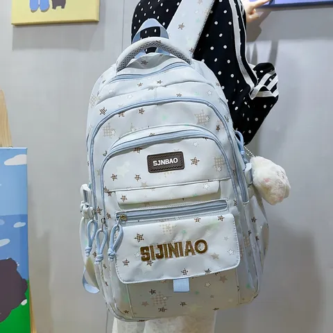 Casual Nylon School Backpack For Teenagers Waterproof Large Capacity Travel Bookbag With Star Print Fashion Student Bag